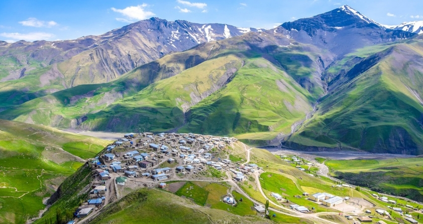 Drone view of the mountain village of xinaliq