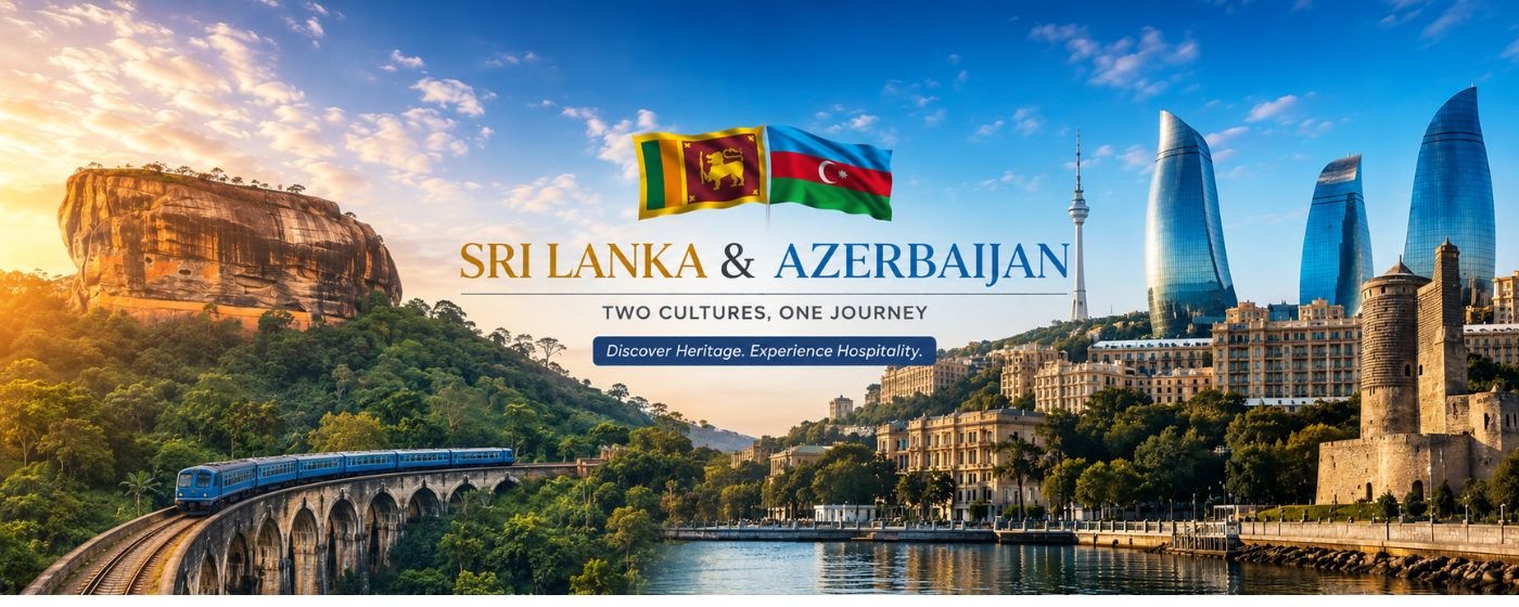 Sri Lanka and Azerbaijan travel destinations featuring tropical landscapes, scenic attractions and Baku city views
